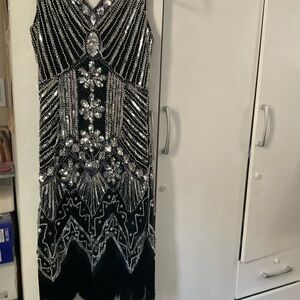 Beaded Black Fringe Evening Dress
